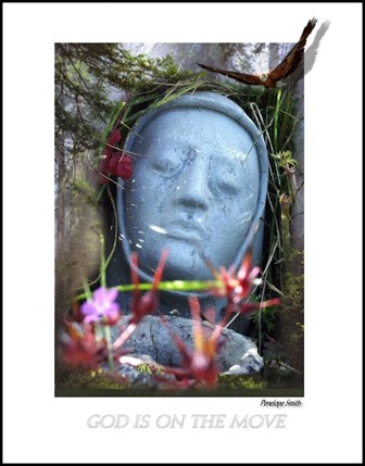 Women's face garden statue and trees